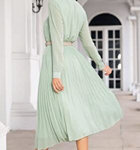 AbleTree Business Casual Shirt Dress for Women Long Sleeves Pleated Midi Dresses with Belt Mint Green