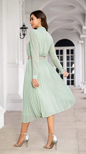 AbleTree Business Casual Shirt Dress for Women Long Sleeves Pleated Midi Dresses with Belt Mint Green