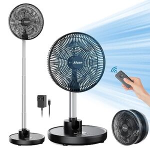aluan 12" quiet oscillating fan with 12000mah rechargeable battery, foldaway standing fan/table fan with remote control, 6 speeds portable pedestal fan with adjustable height for home bedroom travel