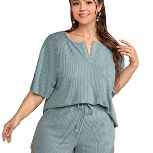 SOLY HUX Women's Plus Size Waffle Knit Short Sleeve Top and Shorts Pajama Set Sleepwear Cadet Blue 1XL