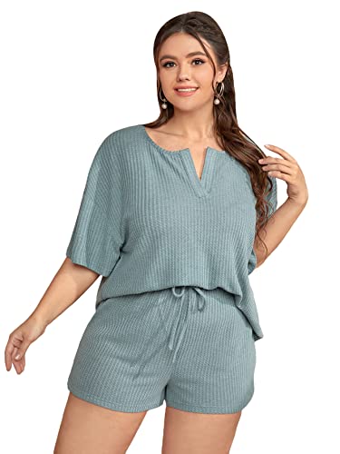 SOLY HUX Women's Plus Size Waffle Knit Short Sleeve Top and Shorts Pajama Set Sleepwear Cadet Blue 1XL