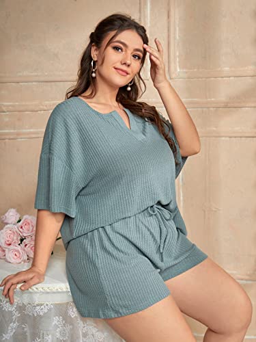 SOLY HUX Women's Plus Size Waffle Knit Short Sleeve Top and Shorts Pajama Set Sleepwear Cadet Blue 1XL