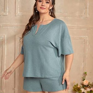 SOLY HUX Women's Plus Size Waffle Knit Short Sleeve Top and Shorts Pajama Set Sleepwear Cadet Blue 1XL