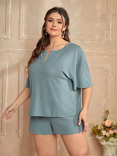 SOLY HUX Women's Plus Size Waffle Knit Short Sleeve Top and Shorts Pajama Set Sleepwear Cadet Blue 1XL