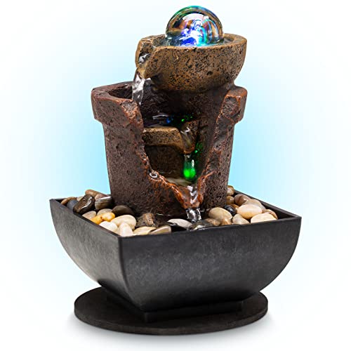 Tabletop Fountain Indoor Waterfall Meditation Fountain Office Relaxing Tabletop Fountain Includes Many Natural River Rock LED Lights Rolling Decorative Bubble Balls