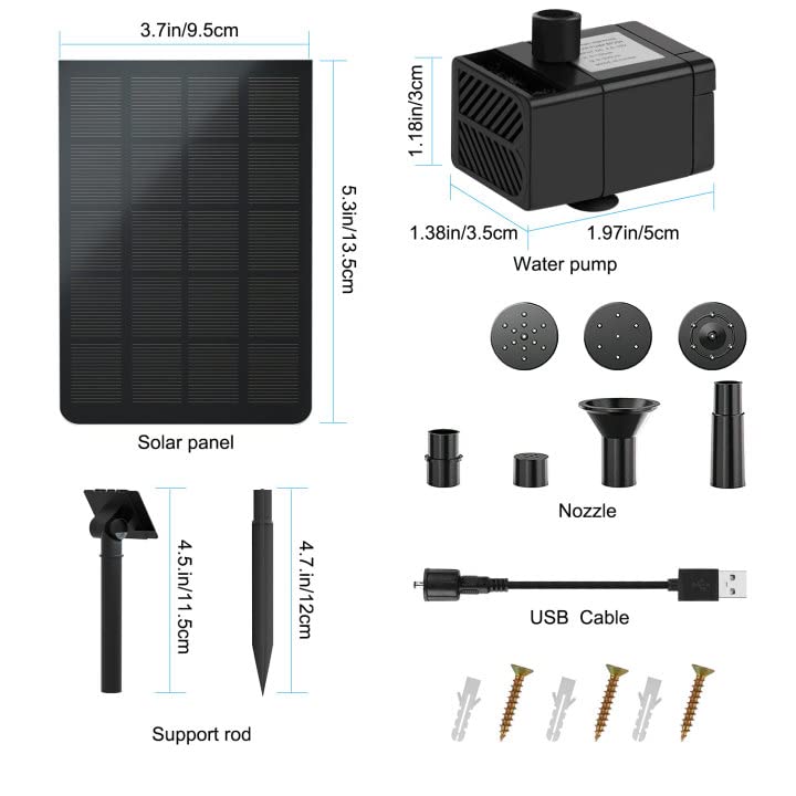 LEDBOKLI Solar Water Fountain Pump with Solar Panel and USB Powered, Solar Water Fountain Pond Pump Kit, Solar Powered Fountain USB Water Pump Solar Submersible Pump for Bird Bath Garden Backyard Pool