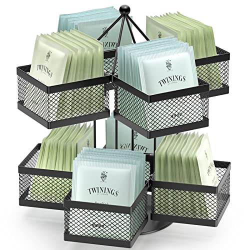 Tea Bag Organizer, Tea Bag Storage Holder Spinning Carousel 96 Teabags Container, Lazy Susan Coffee Creamer Sweetener Tea Caddy for Kitchen Counter Cabinet Pantry Shelf Organizer