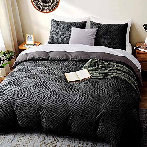 Gracelife Tufted Duvet Cover King Size, 3 Pieces Black Microfiber Duvet Cover Set, Embroidery Shabby Chic Bedding Duvet Covers with Zipper Closure, Corner Ties, All Season