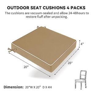 PNP FKJP 2 Pack Outdoor Chair Cushion 20" X 20" X 4", Waterproof Outdoor Seat Cushions with Non-Skid Ties, Khaki (Cushion + Cover)