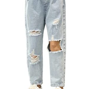 QIBABU Kid Big Girl's Baggy Ripped Jeans Elastic Waist Washed Denim Pants for 8-14 Years(0865-Blue-14Y-QB)