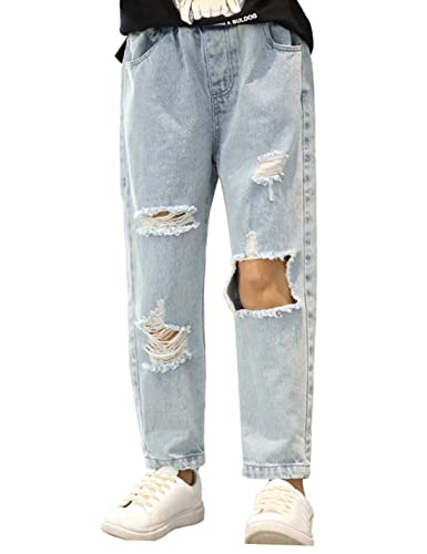 QIBABU Kid Big Girl's Baggy Ripped Jeans Elastic Waist Washed Denim Pants for 8-14 Years(0865-Blue-14Y-QB)