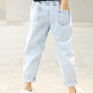 QIBABU Kid Big Girl's Baggy Ripped Jeans Elastic Waist Washed Denim Pants for 8-14 Years(0865-Blue-14Y-QB)