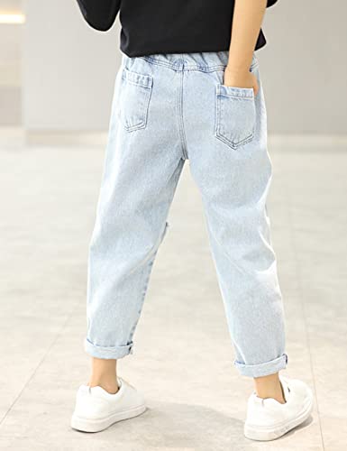 QIBABU Kid Big Girl's Baggy Ripped Jeans Elastic Waist Washed Denim Pants for 8-14 Years(0865-Blue-14Y-QB)