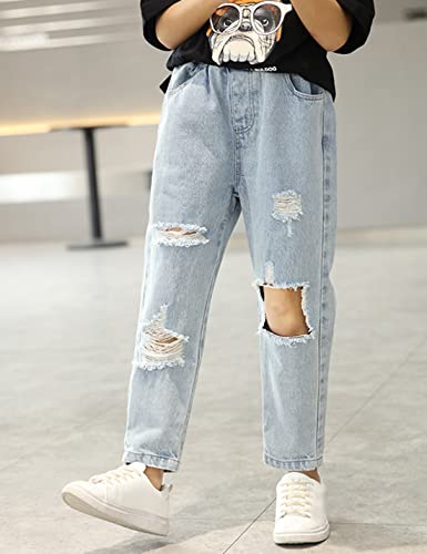 QIBABU Kid Big Girl's Baggy Ripped Jeans Elastic Waist Washed Denim Pants for 8-14 Years(0865-Blue-14Y-QB)