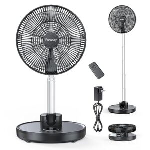faraday oscillating standing fan 12” foldable portable quiet floor fan 12000mah rechargeable pedestal fan with remote, timer setting, height adjustable foldaway fan for bedroom home office, 6 speed