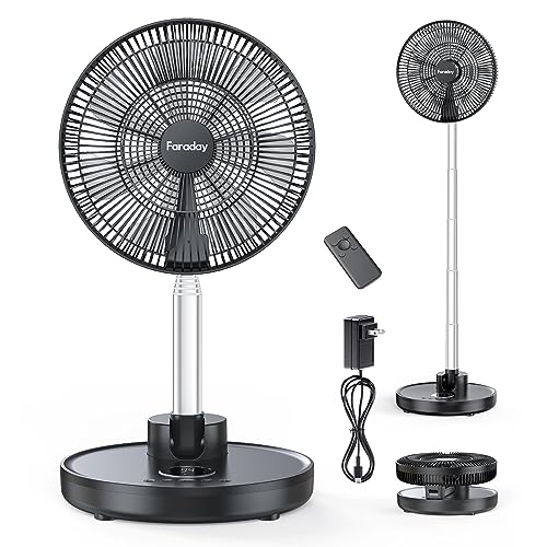 FARADAY Oscillating Standing Fan 12” Foldable Portable Quiet Floor Fan 12000mAh Rechargeable Pedestal Fan with Remote, Timer Setting, Height Adjustable Foldaway Fan for Bedroom Home Office, 6 Speed