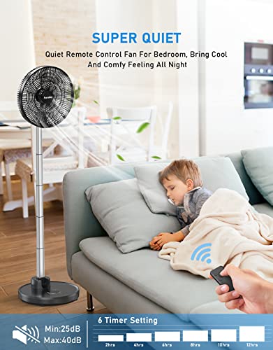 FARADAY Oscillating Standing Fan 12” Foldable Portable Quiet Floor Fan 12000mAh Rechargeable Pedestal Fan with Remote, Timer Setting, Height Adjustable Foldaway Fan for Bedroom Home Office, 6 Speed