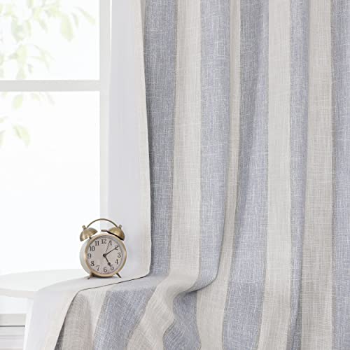 WEST LAKE Blue and Beige 100 Blackout Curtain 2 Panels 63 Inches Long Thermal Insulated Linen Blend Grommet Blackout Window Treatment Blue White Vertical Striped for Bedroom Living Room, 50" Wx63 L