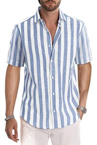 jmierr men's summer casual stylish short sleeve button-up shirts cotton linen vertical striped business dress shirts beach cruise shirt resort wear old money aesthetic clothes, us 43(l), sky blue