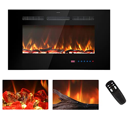 Kentsky 30 inches Electric Fireplace Inserts, Recessed and Wall Mounted Fireplace Heater, Linear Fireplace w/Thermostat, Remote & Touch Screen, Multicolor Flame, Timer, Logs & Crystal, 750W/1500W