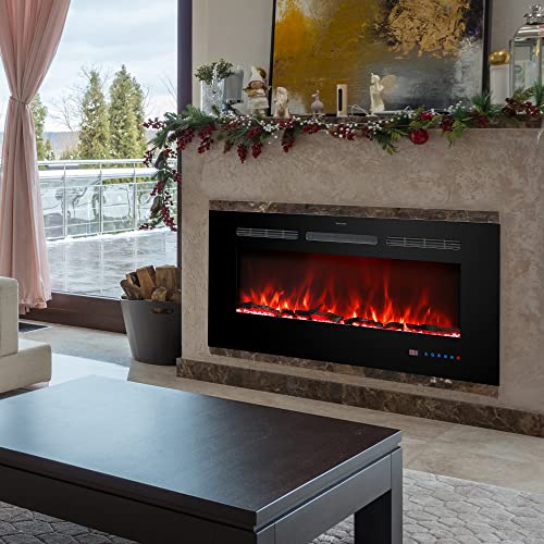 Kentsky 30 inches Electric Fireplace Inserts, Recessed and Wall Mounted Fireplace Heater, Linear Fireplace w/Thermostat, Remote & Touch Screen, Multicolor Flame, Timer, Logs & Crystal, 750W/1500W