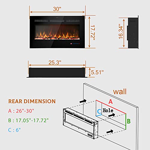 Kentsky 30 inches Electric Fireplace Inserts, Recessed and Wall Mounted Fireplace Heater, Linear Fireplace w/Thermostat, Remote & Touch Screen, Multicolor Flame, Timer, Logs & Crystal, 750W/1500W