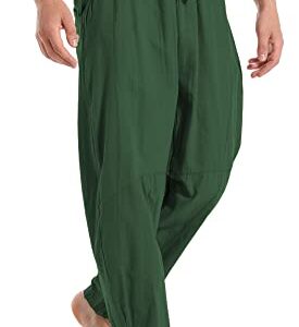 perdontoo Mens Linen Cotton Loose Fit Casual Lightweight Elastic Waist Summer Pants (Medium, Army Green)