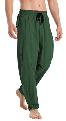 perdontoo Mens Linen Cotton Loose Fit Casual Lightweight Elastic Waist Summer Pants (Medium, Army Green)