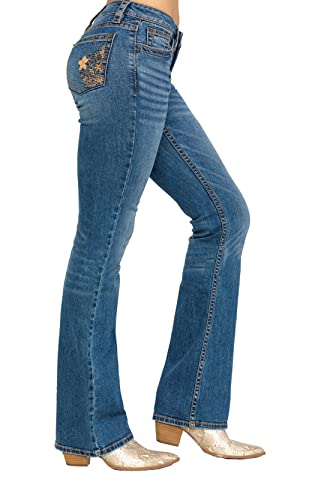 cffvdiz Bootcut Jeans for Women Mid Waist Slim Jeans Stretch Back Pocket Embroidered Bell Bottom Jeans,Blue,S