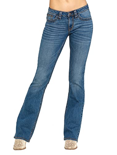 cffvdiz Bootcut Jeans for Women Mid Waist Slim Jeans Stretch Back Pocket Embroidered Bell Bottom Jeans,Blue,S