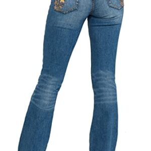 cffvdiz Bootcut Jeans for Women Mid Waist Slim Jeans Stretch Back Pocket Embroidered Bell Bottom Jeans,Blue,S