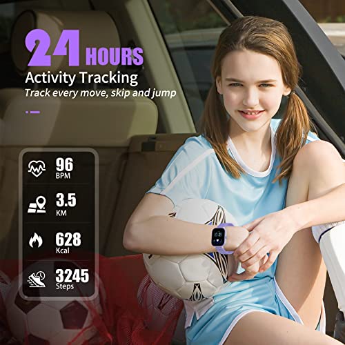 HENGTO Fitness Tracker Watch for Kids, IP68 Waterproof Kids Smart Watch with 1.4" DIY Watch Face 19 Sport Modes, Pedometers, Heart Rate, Sleep Monitor, Great Gift for Boys Girls Teens 6-16 (Purple)