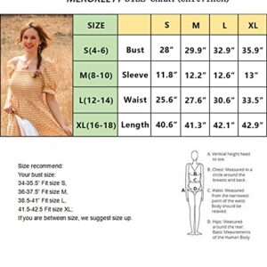 MEROKEETY Women's Plaid Square Neck Ruffle Puff Sleeve Midi Dress Summer Boho Backless Smocked Dress, Beige, Medium