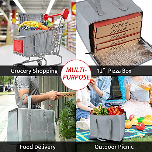 CIVJET Insulated Grocery Shopping Bags, X-Large Reusable Tote Bag for Travel, Doordash Food Cooler/Hot Delivery Bag, 3-Pack, Gray