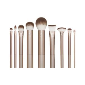 real techniques au naturale makeup brush kit, for foundation, powder, eyeshadow, blush, bronzer, & concealer, premium quality face brushes, 9 piece set