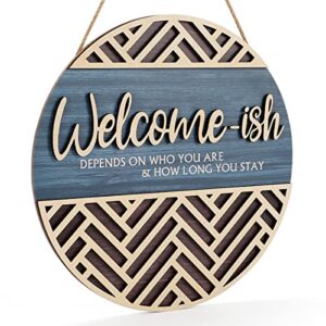 iarttop 3d welcome hanging sign plaque for front door wall decor, funny welcome-ish wooden hanger (12''x 12''), rustic minimalist outdoor wood wall art for farmhouse porch or entryway home decor