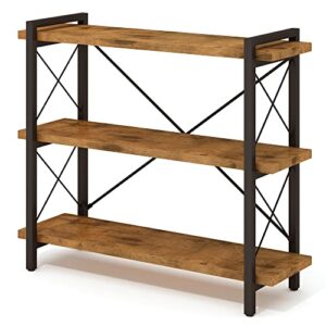 hchqhs bookshelf, 3-tier industrial bookcase, rustic open book shelf, wood and metal horizontal bookshelves