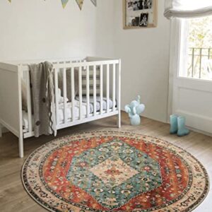 Lahome Boho Tribal Round Rug - 4Ft Persian Soft Bedroom Round Area Rug Entryway Foyer Throw Mat Washable Non-Shedding Non-Slip Sofa Carpet for Nursery Living Dining Room,Rust/Dull Teal