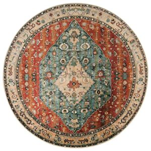 Lahome Boho Tribal Round Rug - 4Ft Persian Soft Bedroom Round Area Rug Entryway Foyer Throw Mat Washable Non-Shedding Non-Slip Sofa Carpet for Nursery Living Dining Room,Rust/Dull Teal