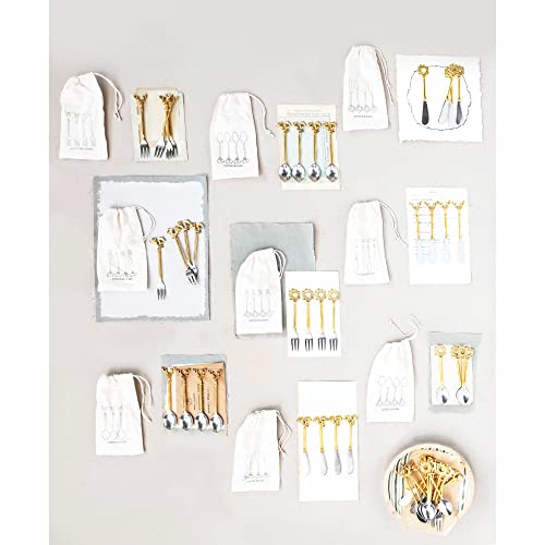 Creative Co-Op Stainless Steel and Brass Canapé Knives with Gold Finish Reindeer Handles, Set of 4 in Printed Drawstring Bag