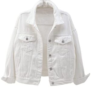 Locachy Women's Casual Denim Jacket Solid Color Basic Long Sleeve Jean Jacket Coat White XL