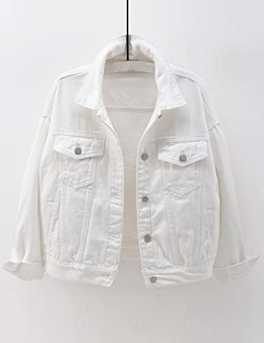 Locachy Women's Casual Denim Jacket Solid Color Basic Long Sleeve Jean Jacket Coat White XL