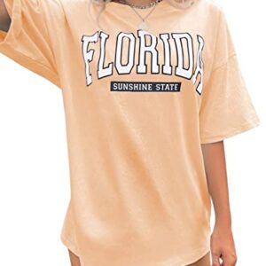 MISSACTIVER Women Florida Letter Graphic Print Tee Shirt Oversized Short Sleeve Crew Neck Drop Shoulder Casual T-Shirt Tops Apricot