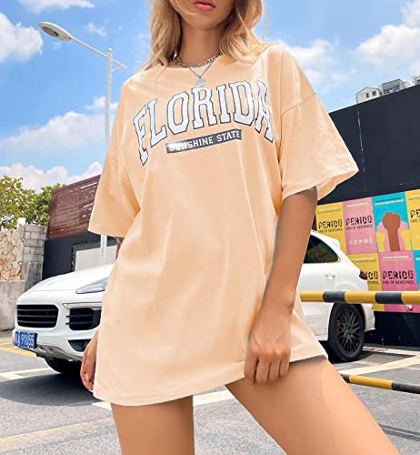 MISSACTIVER Women Florida Letter Graphic Print Tee Shirt Oversized Short Sleeve Crew Neck Drop Shoulder Casual T-Shirt Tops Apricot