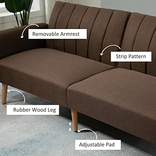 HOMCOM Two Seater Sofa Bed, Convertible Futon Couch Bed, Linen Upholstered Loveseat with Adjustable Backrest for Small Spaces, Living Room, Apartment, and Dorm, Brown