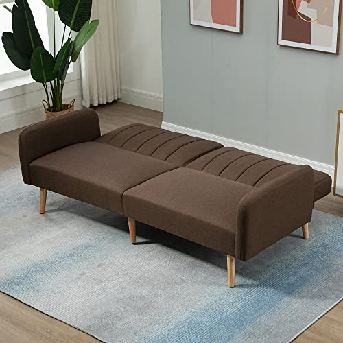 HOMCOM Two Seater Sofa Bed, Convertible Futon Couch Bed, Linen Upholstered Loveseat with Adjustable Backrest for Small Spaces, Living Room, Apartment, and Dorm, Brown