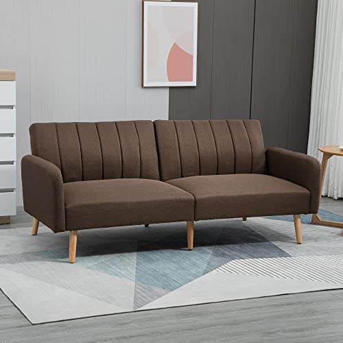 HOMCOM Two Seater Sofa Bed, Convertible Futon Couch Bed, Linen Upholstered Loveseat with Adjustable Backrest for Small Spaces, Living Room, Apartment, and Dorm, Brown