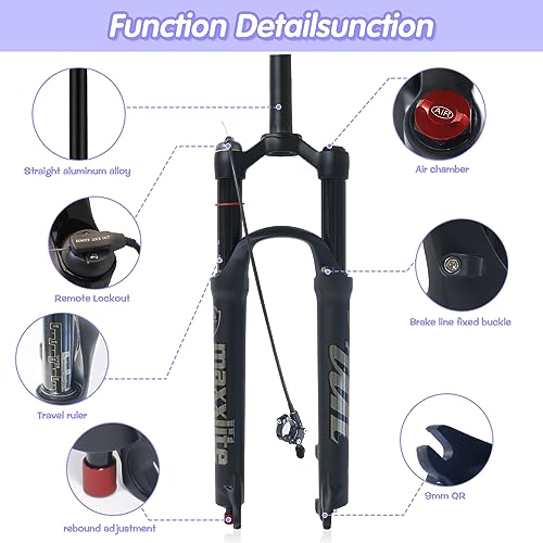 ZTZ Mountain Bike Fork,26 27.5 29 inch MTB Suspension Air Fork ，Rebound Adjust，Travel 120mm,QR 9mm，1-1/8 Straight Tube, Ultralight Mountain Bike Front Fork for XC/AM Bike(Remote Lockout)