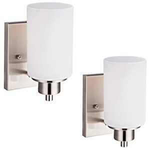 2-pack modern bath vanity light fixture 1-light, indoor bathroom wall sconces for living room, porch, bedside, brushed nickel finish with white frosted glass shades wall mounted lights