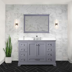 lexora dukes 48 in. w x 22 in. d dark grey single bath vanity, white quartz top, white square sink, and 46 in. mirror